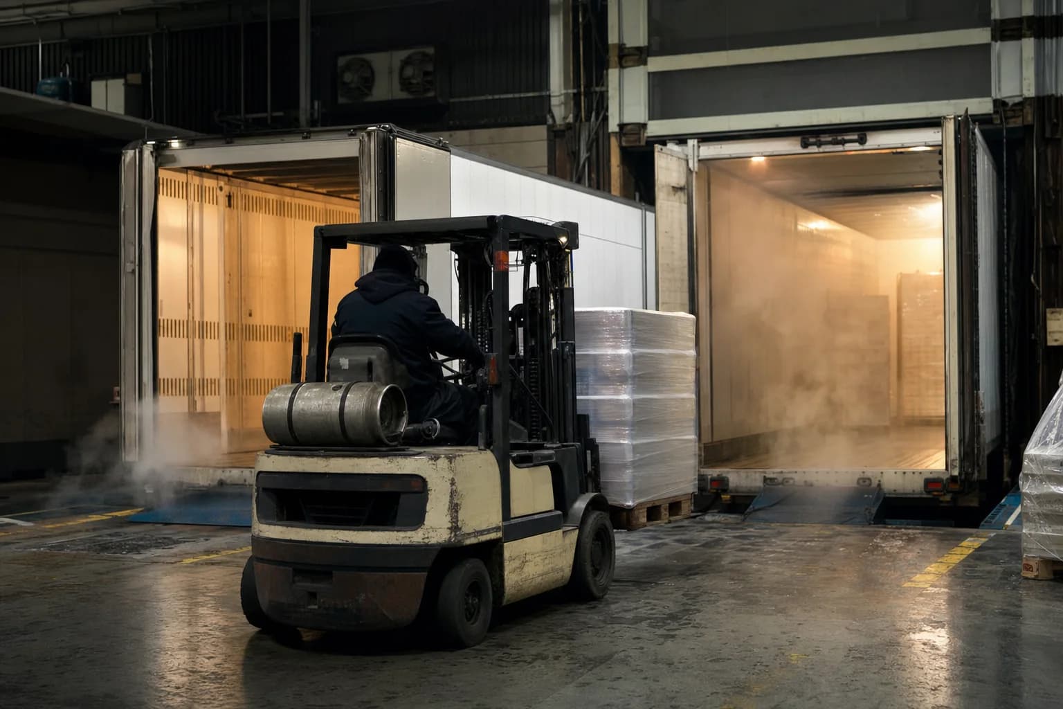 Forklift transferring pallets between trailers during a night shift