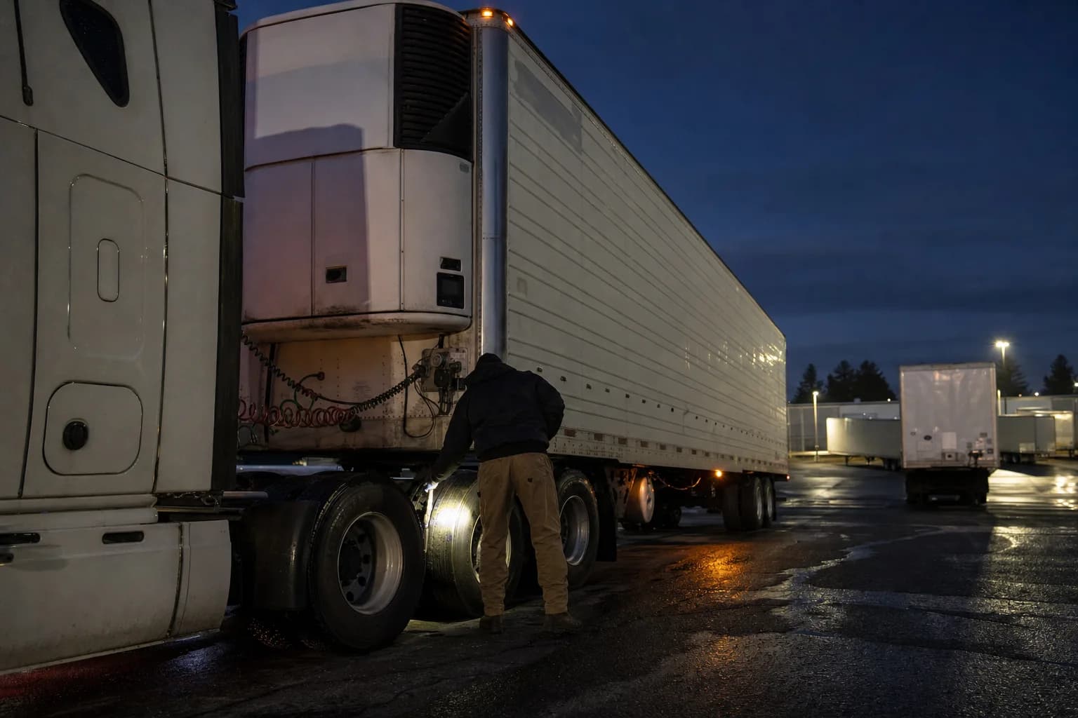 Refrigerated truck driver completing a pre-trip inspection before sunrise