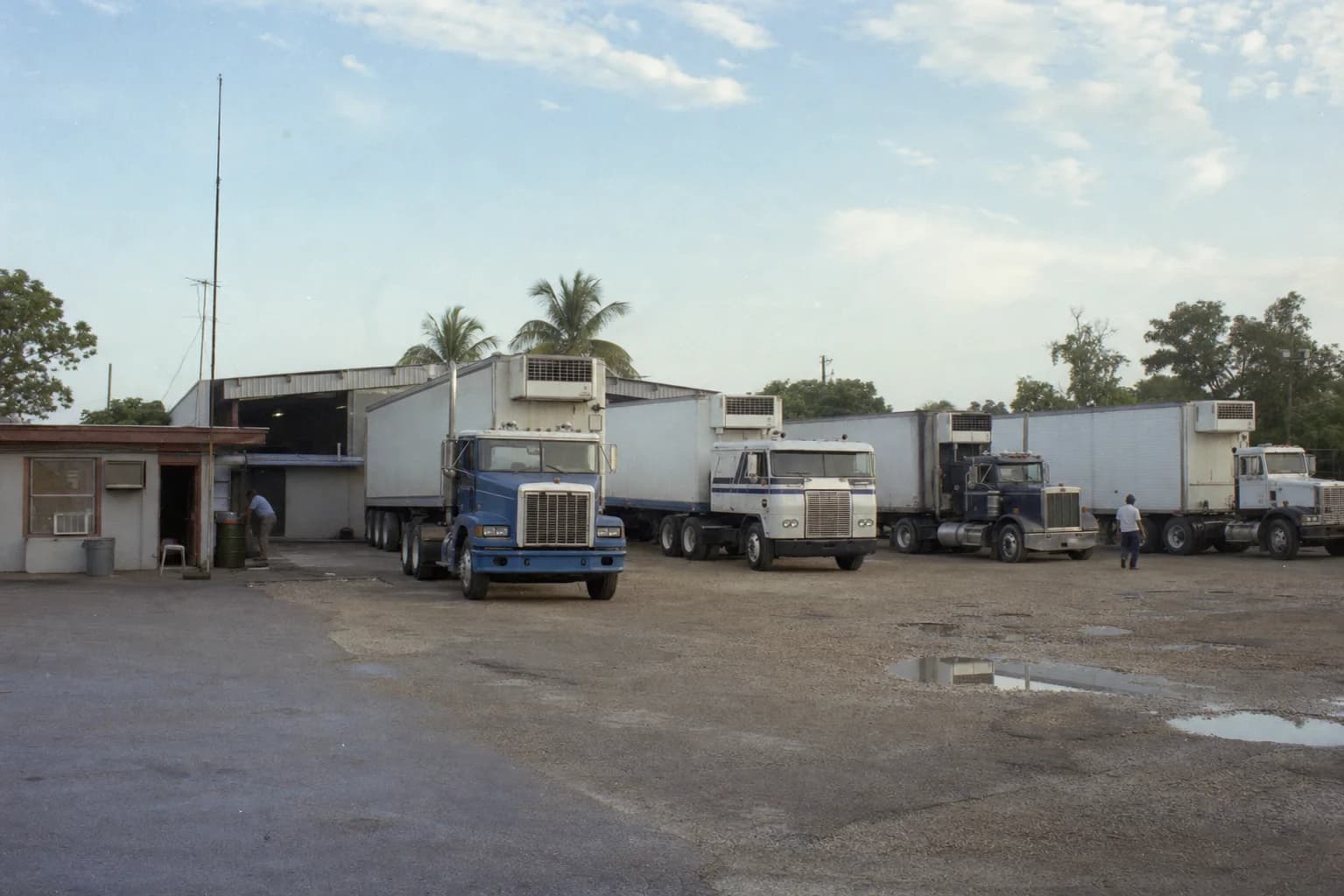 Early 1990s refrigerated trucking yard photographed with period-accurate equipment