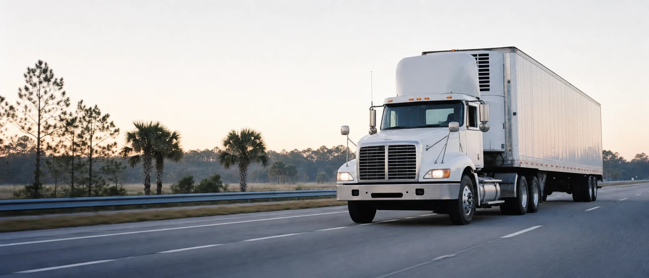Refrigerated tractor-trailer moving through Florida at first light