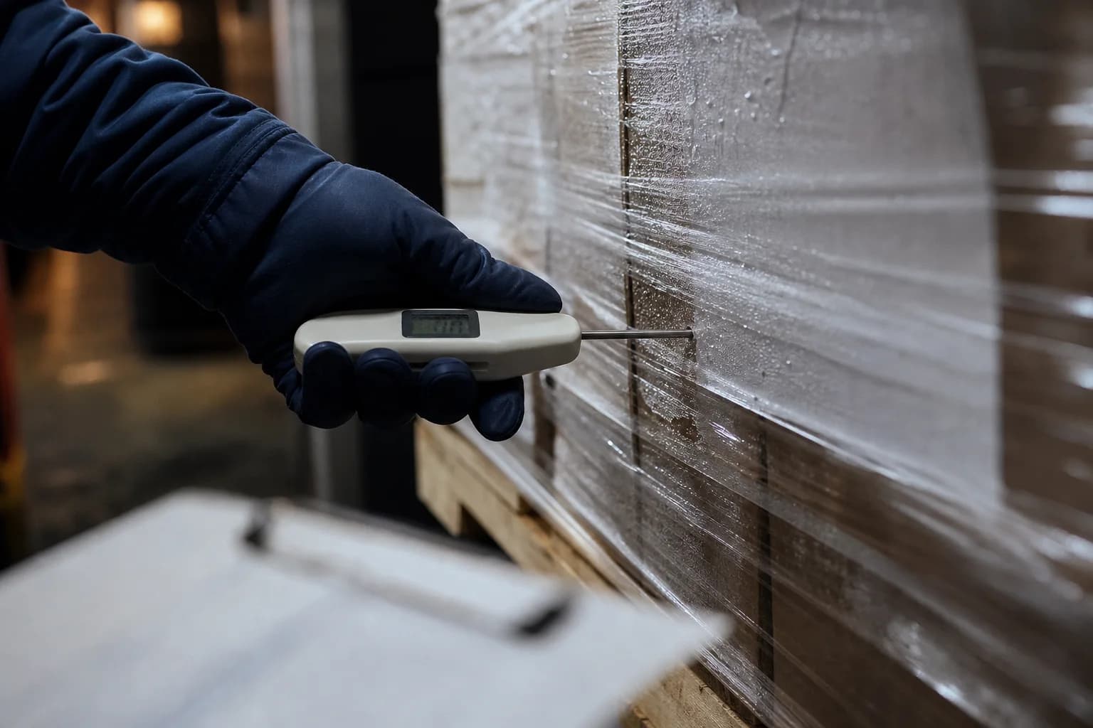 Close view of a temperature probe checking palletized refrigerated freight