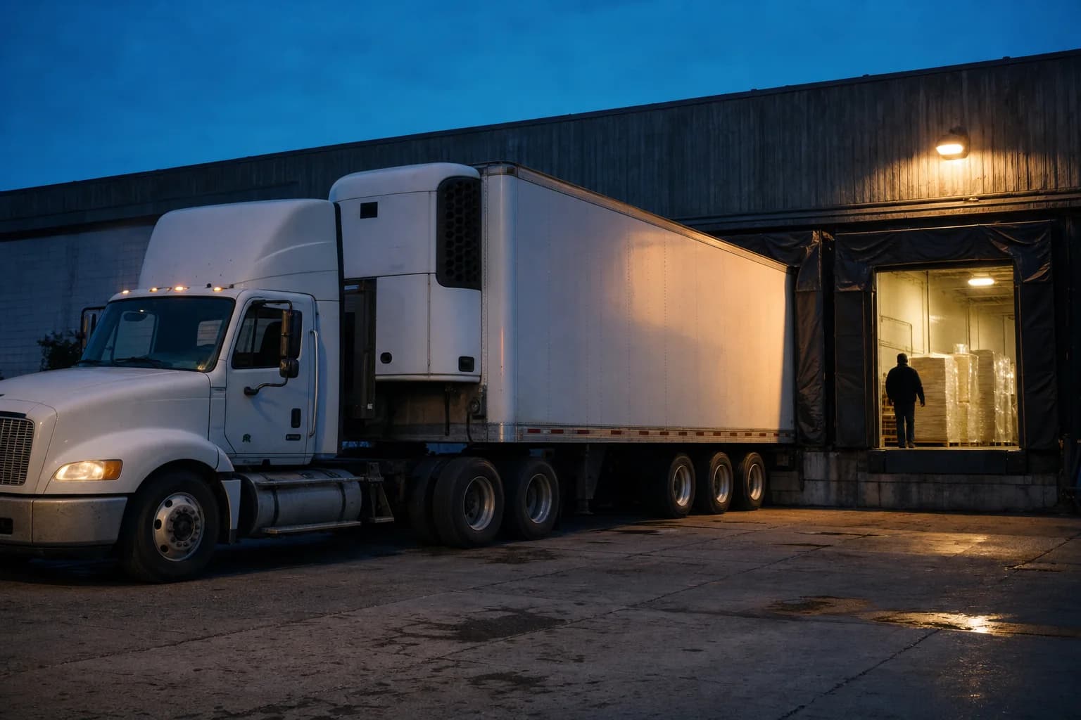 Refrigerated trailer loaded at a shipper dock during evening light
